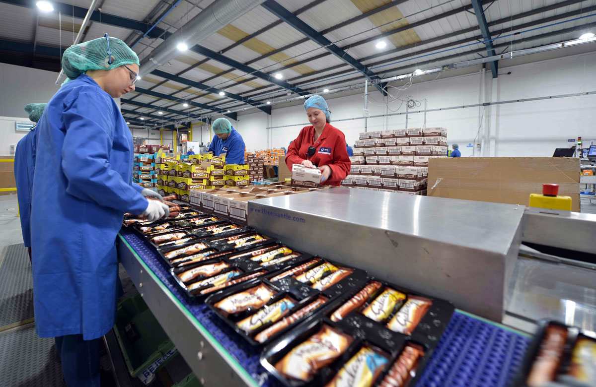 Photo: An automated cartoning machine filling boxes of chocolate truffles